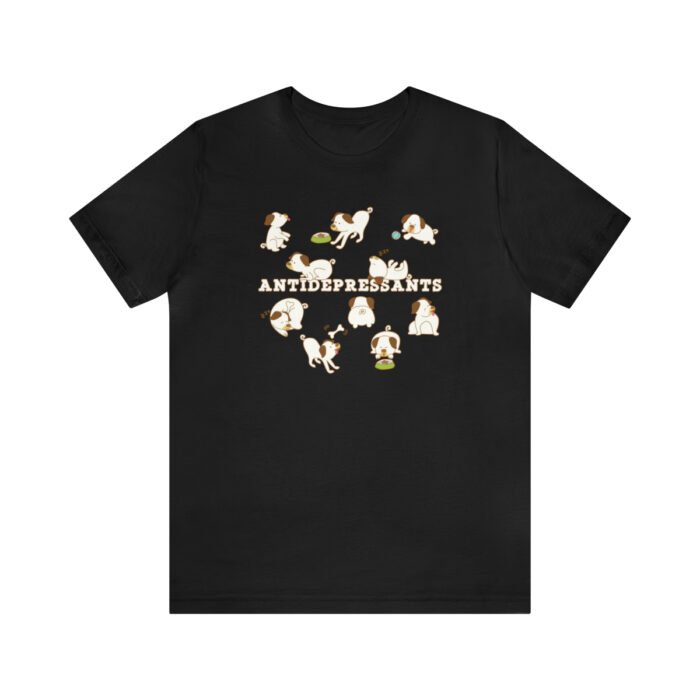 A black funny T-Shirt for dog lovers with cartoony pictures of funny dogs saying "Antidepressants".