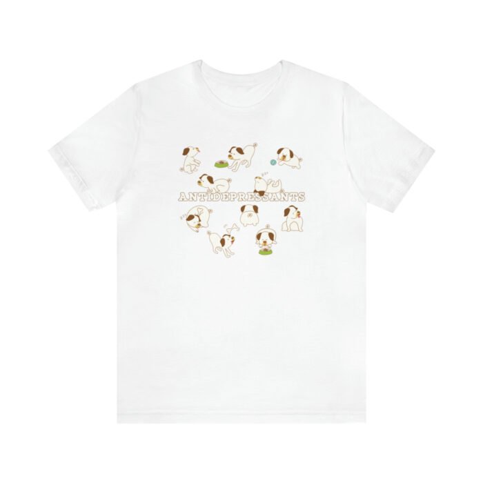 A white funny T-Shirt for dog lovers with cartoony pictures of funny dogs saying "Antidepressants".