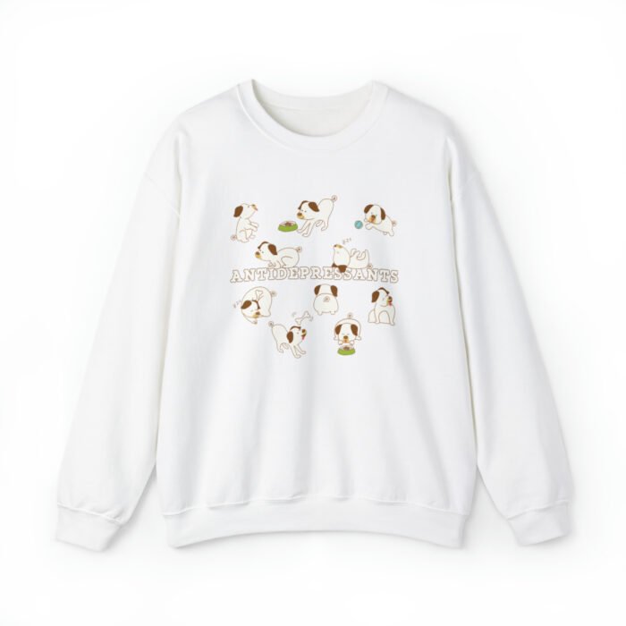 A funny white Sweatshirt for dog lovers with cartoony pictures of funny dogs saying "Antidepressants".