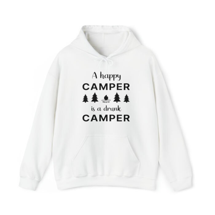 A white Funny hoodie with an illustration of fur trees and a campfire saying "A happy camper is a drunk camper".