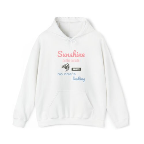 A white Funny hoodie featuring a picture of a little hurricane and saying "Sunshine on the outside, hurricane when no one's looking".