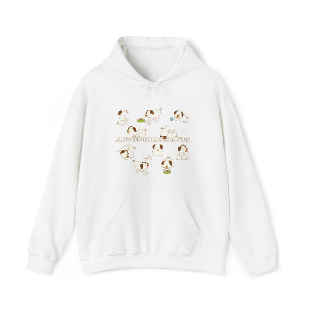A funny white hoodie for dog lovers with cartoony pictures of funny dogs saying "Antidepressants".