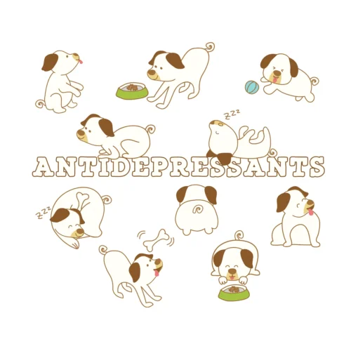 A funny white T-Shirt for dog lovers with cartoony pictures of funny dogs saying "Antidepressants".