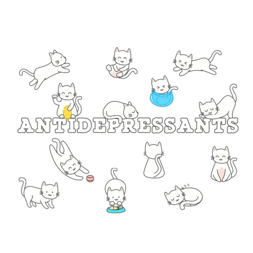 A white funny T-Shirt for cat lovers with cartoony pictures of funny cats saying "Antidepressants".