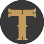 Logo of the store selling funny t-shirts, sweatshirts and hoodies. The logo features a dark gray circle and a big golden letter T in the middle