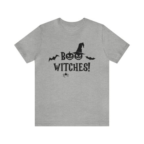 A funny Halloween T-Shirt with a witch's hat saying "Boo Witches!" Gray color