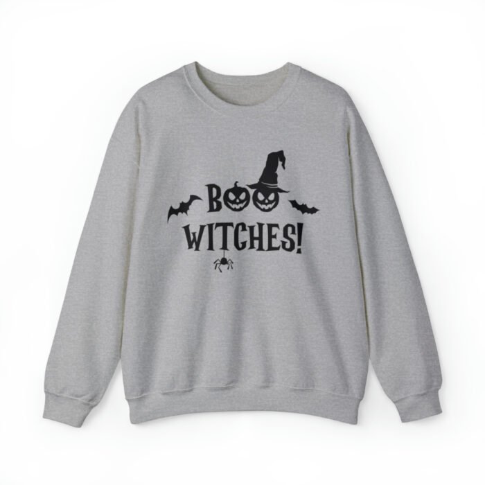 A funny Halloween Sweatshirt with a witch's hat saying "Boo Witches!" Gray color