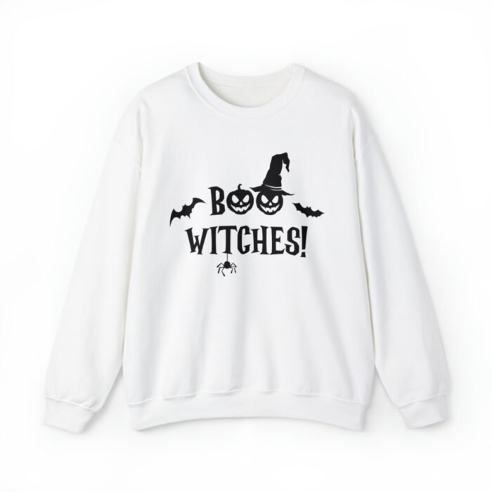 A funny Halloween Sweatshirt with a witch's hat saying "Boo Witches!" White color