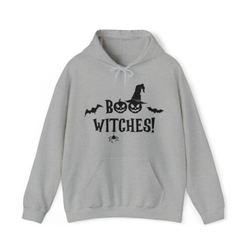 A funny Halloween Hoodie with a witch's hat saying "Boo Witches!" Gray color