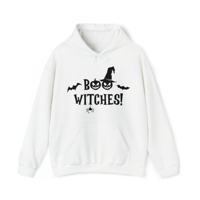 A funny Halloween Hoodie with a witch's hat saying "Boo Witches!" White color