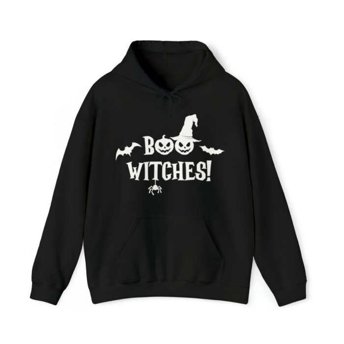 A funny Halloween Hoodie with a witch's hat saying "Boo Witches!" Black color