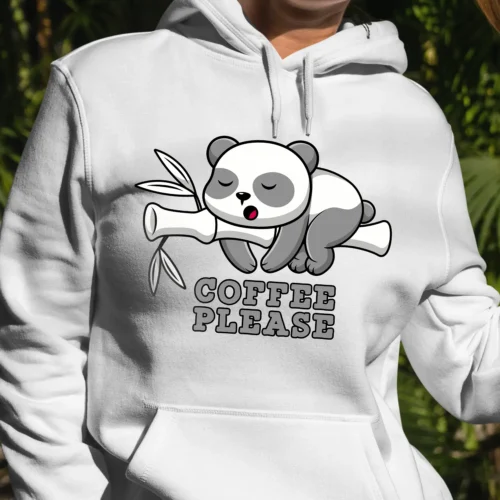 A Funny hoodie with a picture of a cute panda sleeping. The hoodie says "coffee please"