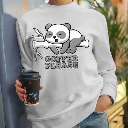 A Funny sweatshirt with a picture of a cute panda sleeping. The shirt says "coffee please"