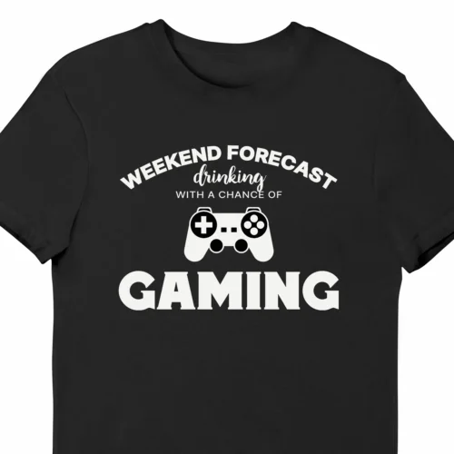 A funny t-shirt for video gamers with a picture of a controller, saying "Weekend forecast: drinking with a chance of gaming", black color