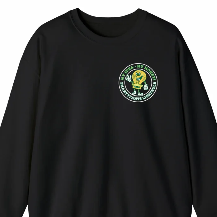 A funny sweatshirt with a picture of a crazy lightbulb, saying "My idea - my money! Smartypants lightbulb", black color