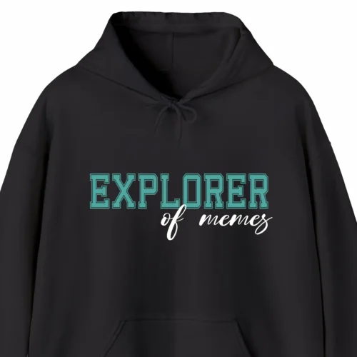 A funny hoodie saying "Explorer of memes", black color