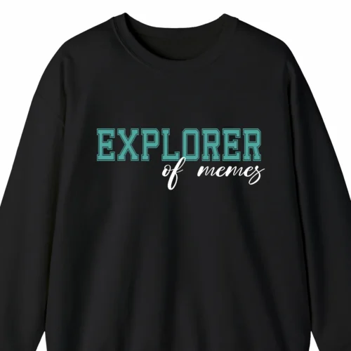 A funny sweatshirt saying "Explorer of memes", black color