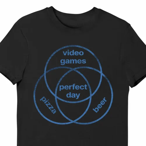 A funny t-shirt for video gamers, saying "Video Games, Pizza, Perfect Day", black color