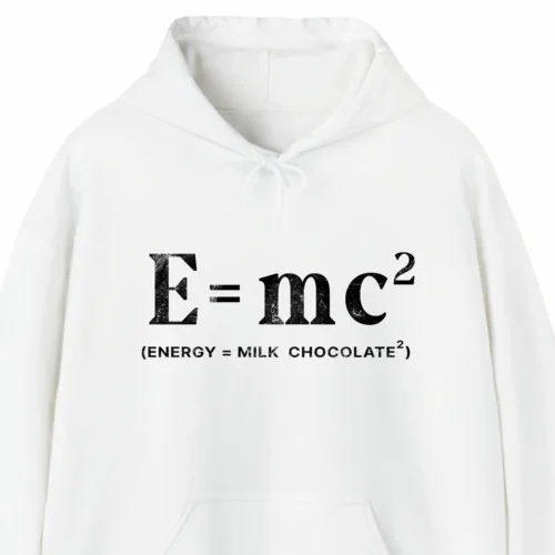 A funny hoodie saying "E=mc squared, Energy = milk chocolate squared", white color