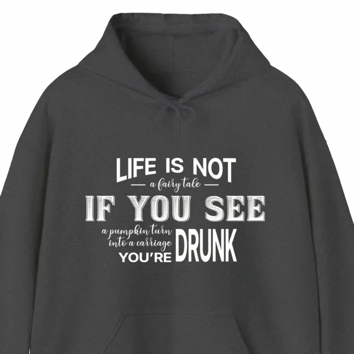 A funny hoodie: "Life Is Not a Fairy Tale. If you see a pumpkin turn into a carriage, you're drunk", gray color